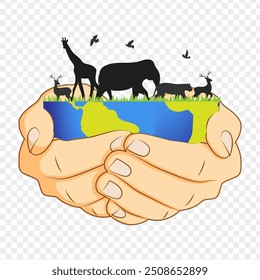 Vector illustration of hands holding earth with animals on transparent background