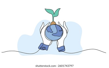 Vector illustration of hands holding earth with plant. Modern flat in continuous line style.