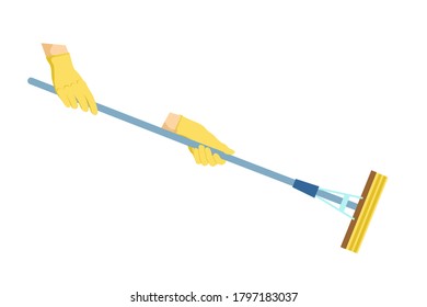 Vector illustration of a hands holding a floor mop washes the floors. Isolated white background. Flat style. Concept of a business cleaning service.