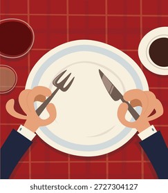 A vector illustration of hands holding a fork and knife over an empty plate on a dining table with a red checkered tablecloth. Two cups of coffee or tea are also visible. Ideal for restaurant promotions, food-related content, and culinary-themed designs.