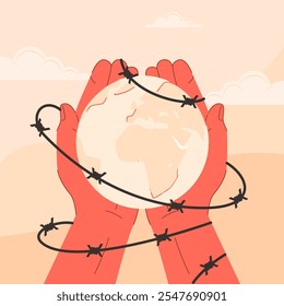 Ilustração vetorial de mãos segurando globo envolto em arame farpado. Ilustração para o Dia dos Direitos Humanos em 10 de dezembro Ilustração vetorial sobre a liberação da opressão.