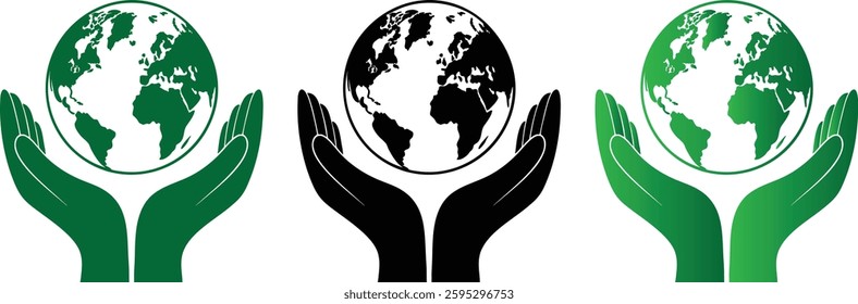 Vector Illustration of Hands Holding Globe. Set of hand holding earth, Eco-Friendly Hands Holding Globe Vector Illustration