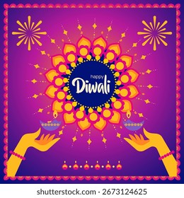 Ilustración vectorial de manos sosteniendo brillantes diyas rodeadas de mandala circular, destellos y decoración festiva.