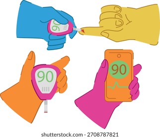 Vector illustration of hands holding glucose meter and smartphone checking blood sugar level, medical technology concept for World Diabetes Day awareness, healthcare design for posters, infographics, 