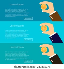 Vector illustration of hands holding gold coins of dollar, euro and ruble. Flat design concepts for business, finance. Concepts for web banners and promotional materials. Vector illustration 