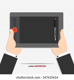 Vector illustration of hands holding graphics tablet for your design