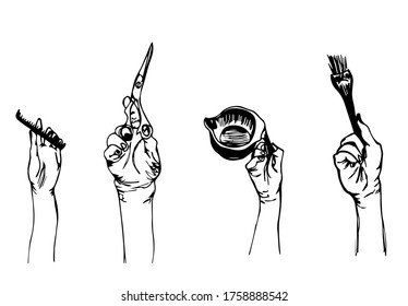 Vector illustration of hands holding haiedresser's tools. Hand-drawn sketch