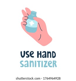 Vector illustration with hands holding hand sanitizer. Personal hygiene, disinfection and health protecting. Doodle artwork with disease prevention. Concept for infographic, blog and promo