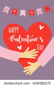 Vector Illustration of hands holding a heart. St Valentines Day card design with text and garland
