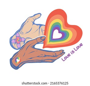 Vector illustration. Hands holding heart LGBT rainbow.  Sticker, patch, t-shirt print, logo design