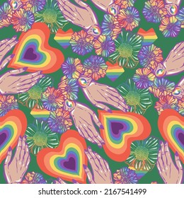 Vector illustration. Hands holding heart LGBT rainbow.  Pattern. Dark background, wallpaper