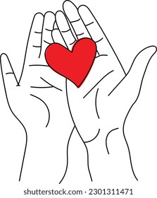 Ilustración vectorial de las manos sosteniendo un corazón. Proteger el amor.