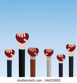 Vector illustration of hands holding heart on sky background 