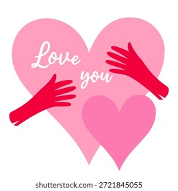 Ilustración vectorial de manos sosteniendo un corazón y la inscripción Te amo