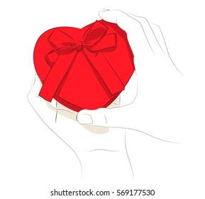Vector illustration of hands holding heart shaped box.