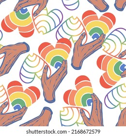 Vector illustration. Hands holding hearts LGBT rainbow. Pattern. Light background, wallpaper, cartoon style