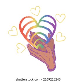 Vector illustration. Hands holding hearts LGBT rainbow. Sticker, patch, logo design, t-shirt print