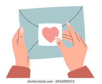 Vector illustration of hands holding a heart-sealed envelope, perfect for Valentine's Day, love correspondence, and romantic designs.