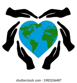 ilustración vectorial de las manos que sostienen una tierra en forma de corazón aislada en un blanco . cuidar el medio ambiente, amar el planeta, respetar la naturaleza. Cartel del Día Mundial de la Tierra