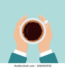 Vector illustration of hands holding hot coffee cup, business person want to drink coffee, coffee break concept, morning time, flat cartoon style on blue background.