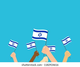 Vector illustration hands holding Israeli flags on blue background