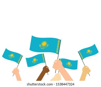 Vector illustration of hands holding Kazakhstan flags on white background