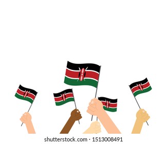 Vector illustration of hands holding Kenya flags on white background