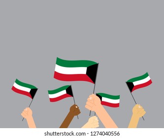 Vector illustration hands holding Kuwait flags isolated on grey background