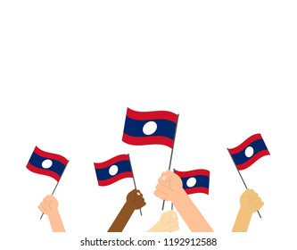 Vector illustration hands holding Laos flags on white background 