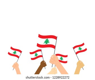 Vector illustration hands holding Lebanon flags on white background 