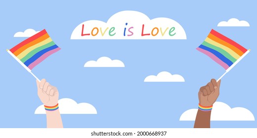  ilustración vectorial de las manos con bandera LGBT, concepto de amor del mismo sexo, cartel, afiche, postal