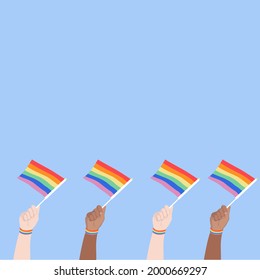 ilustración vectorial de las manos con bandera LGBT, concepto de amor del mismo sexo, cartel, afiche, postal