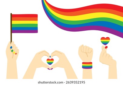 Vector illustration with hands holding LGBT flag, heart and showing different gestures. LGBT flag, ribbon