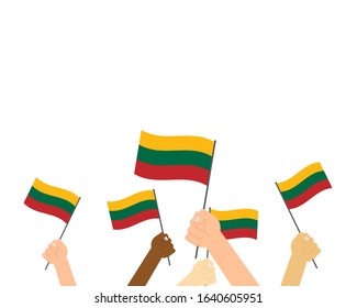 Vector illustration of hands holding Lithuania flags on white background
