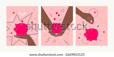 Vector illustration. Hands holding a magnifying glass.  Savings Bank Debt Investment Pig