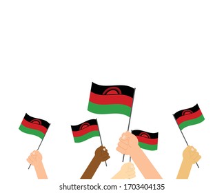 Imagen vectorial de las manos con banderas de Malawi aisladas en fondo blanco
