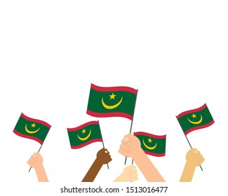 Vector illustration of hands holding Mauritania flags on white background
