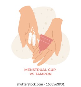 Vector illustration. Hands holding the menstrual cup and tampons. Zero waste