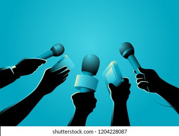 Vector illustration of hands holding microphones and recorders, journalism symbol
