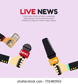 Vector illustration of hands holding microphones. Live news banner concept