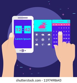 Vector illustration of hands holding mobile with time and date.