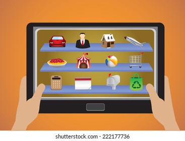 Vector illustration of hands holding a mobile tablet with many colorful app icons
