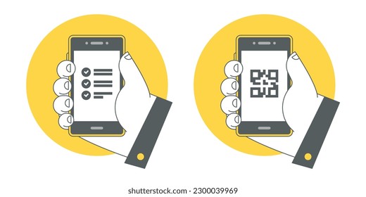 Ilustración vectorial de las manos con teléfono móvil que muestra una lista de tareas pendientes y un código QR. Concepto de productividad y gestión de tareas. Iconos lineales para web con trazo editable