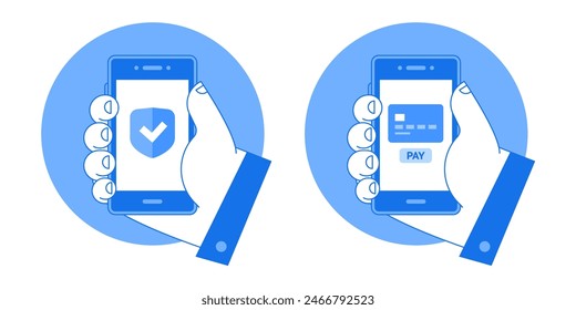 Vector illustration of hands holding mobile phone with a credit card and a protection shield on screen. Mobile security and secure online payment concept. Data protection. Editable linear icons