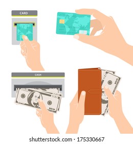 Vector Illustration of Hands holding money, credit card and purse