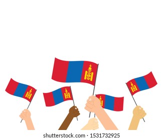 Vector illustration of hands holding Mongolia flags on white background