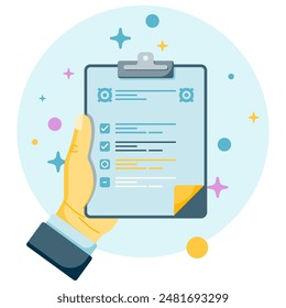 vector illustration of hands holding office documents, clipboard and checkbox