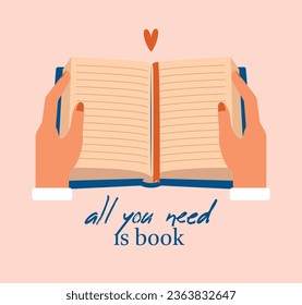 Vector illustration of hands holding  open book with heart. Clip art dedicated to the Day of Book Lovers. The concept of promotion of reading. World Book Day. Cute print sticker, banner, card, poster.