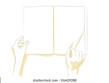 Vector illustration of hands holding an open book and turning page.