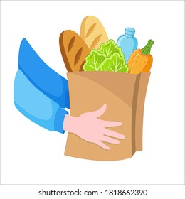 Vector illustration. Hands holding paper eco bag with grocery shopping. Healthy food in a bag, bread, lettuce, water and carrots